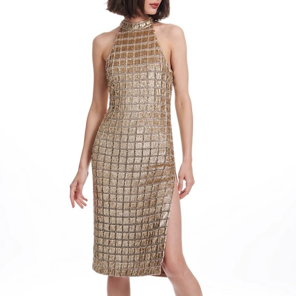 Emily Shalant Windowpane Sequin Mock-Neck Gold Dress